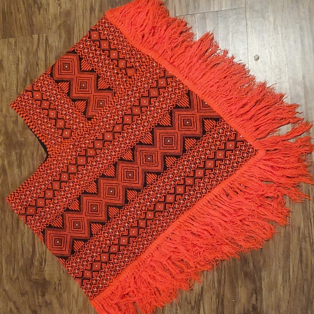 Vintage Aztec orange and black Boho Poncho osfm